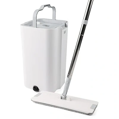 Image of Floor Mop and Bucket Set − Easy Squeeze Bucket, Flat Compact &amp; Lightweight Cleaning System with 360 Rotating Head for All Floors Types. Microfibre Reusable Wet Dry