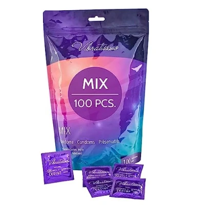 Image of VIBRATISSIMO Condoms Mix 100 Pack I Feel Real &amp; Extra Lubricated for Men Condom Bag Thin Wall Thickness Aromatized Ultra Nubbed Ribbed