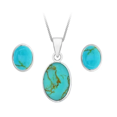Image of Tuscany Silver Women&#039;s Sterling Oval Turquoise Set of Earrings and Pendant on Curb Chain 46cm/18&quot;