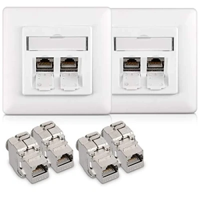 Image of kwmobile Cat6a RJ45 Wall Plate Set of 4x Keystone Jack and 2x 2 Port Ethernet Plate, Connector Jacks, Shielded Jacks