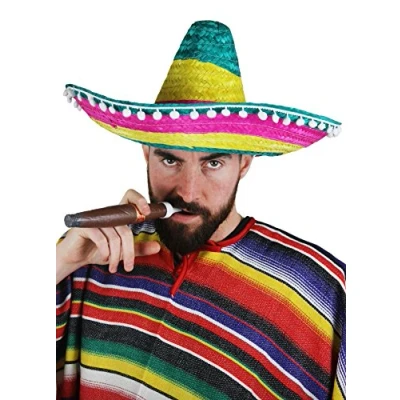 Image of Mexican Orange Sombrero With White Pom Poms Straw Hat Fancy Dress Costume Ideal for Hen/stag Night, Summer, Beach Party, Wholesale Bulk Pack Of 1