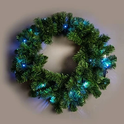 Image of 55cm Pre Lit Green Christmas Wreath Alaskan Pine for Fireplaces Home Wall Door Stair Artificial Xmas Tree Garden Yard Decorations with 30 White LEDs
