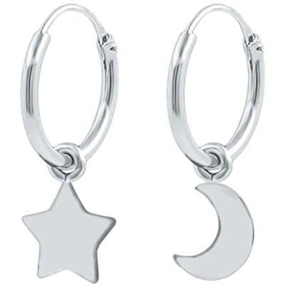 Image of ENTREPLATA 925 Sterling Silver Hoop Earrings Pair of Creole Unisex Two Hoops with Charm Pendant Small Crescent and Star, Aros, Silver, No Gemstone