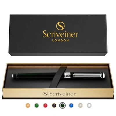Image of Scriveiner Black Green Rollerball Pen Stunning Luxury Pen, Chrome Finish, Schmidt Ink Refill, Best Roller Ball Gift Set for Men &amp; Women, Professional, Executive Office