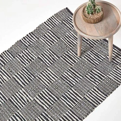Image of HOMESCAPES Black &amp; White Genuine Leather Rug Handwoven Striped Block Check Eco Friendly Real Rug, 120 x 180 cm