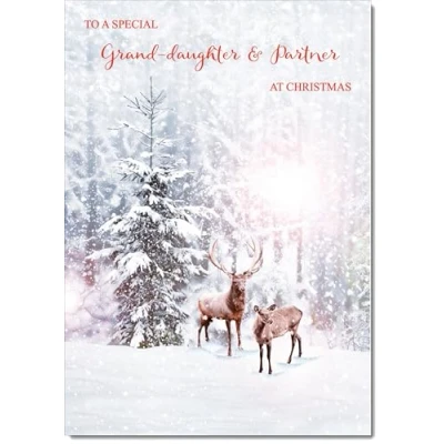 Image of doodlecards Granddaughter &amp; Partner Christmas Card Deer in Snow Forest Medium Size with Plain Envelope