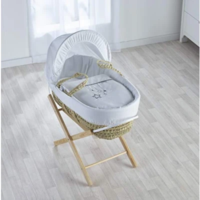 Image of Kinder Valley Baby Moses Basket with Natural Folding Stand White Wish Upon A Star Palm Includes Adjustable Hood, Fibre Mattress &amp; Padded Liner (Gift for Newborn Girls Boys)