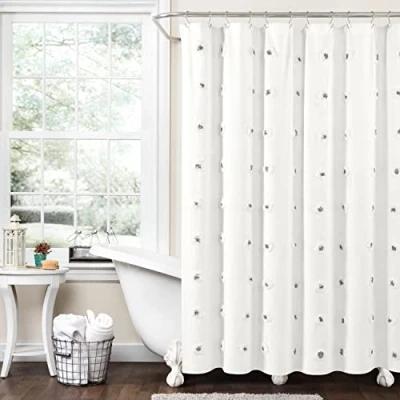 Image of Lush Decor Boho Circle Tufted Yarn Dyed Eco Friendly Recycled Cotton Shower Curtain, 72&quot; x 72&quot;, Gray