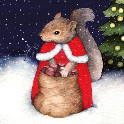 Image of Museums and Galleries Charity Christmas Cards Pack of 8 2024 with Santa Squirrel Design Eco Friendly Xmas Multipack Envelopes