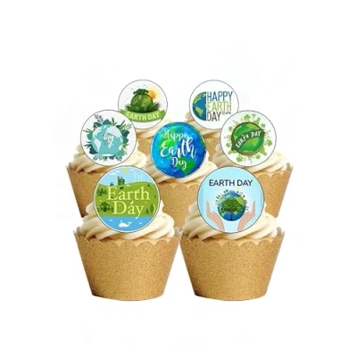 Image of 24 Precut Round Happy World EARTH Day Environmental Awareness Edible Wafer paper Cake Toppers Decorations