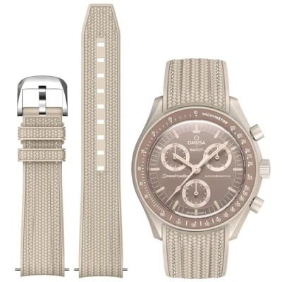 Image of REBANDACE Strap for Moonswatch Watch,Lengthening No Gap Silicone Establishment Pattern Omega X Swatch Watch 20mm,Stitch Curved Men Women (Khaki white line)