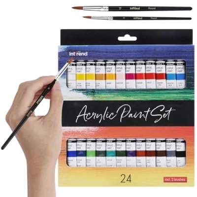 Image of int!rend 24 Acrylic Paint Set + 2 Brushes 12ml Waterproof Paints for Paper, Wood, Canvas, Clay, Stones, Plaster Artists Crafts &amp; Model Making