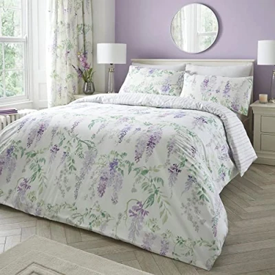 Image of Dreams &amp; Drapes Purple Floral Wisteria Duvet Cover Single Bedding Size (140 x 200cm) Reversible Design (Purple Stripe) Easy Care Washable Flower in Lilac/Lavender Colour