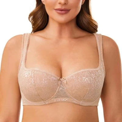 Image of MELENECA Women&#039;s Balconette Bra with Padded Strap Half Cup Underwire Sexy Lace Beige 44DD