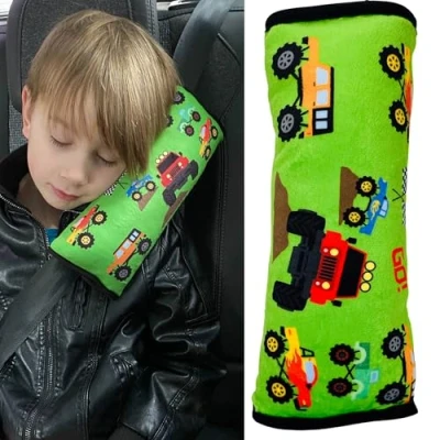 Image of HECKBO Monster Truck car Seatbelt Pillow for Children Machine Washable Girl boy Kids Soft seat Belt Cover Sleeping Pillows Protection Travel Cushion Vacation