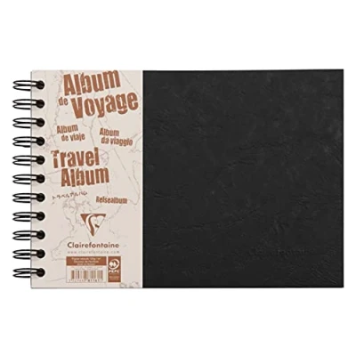 Image of Clairefontaine Ref 781161C Age Bag Wirebound Travel Album (80 Pages) A5 Size, Lined Rullings, 120gsm White Pages &amp; 160gsm Black Grained