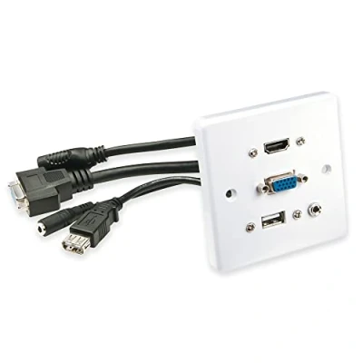 Image of Lindy Multi AV Faceplate, Single Gang, HDMI, VGA, USB Type A, 3.5mm Audio, Fits a Standard UK Mains Back Box, 10cm Trailing Leads, White