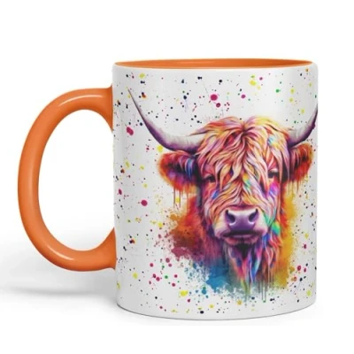 Image of Vixar Highland Cow Scottish Farm Animals Watercolour Art Coloured 330 ml Mug Cup Gift Birthday Work Office Tea Coffee (hc4) (Orange)