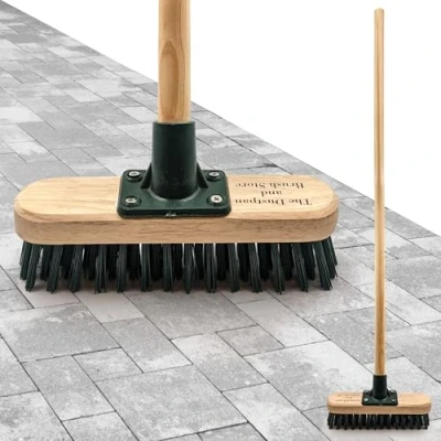 Image of 9&quot; Stiff Heavy Duty Long Handled Scrubbing Brush Deck Broom with Wooden Handle PVC Bristles