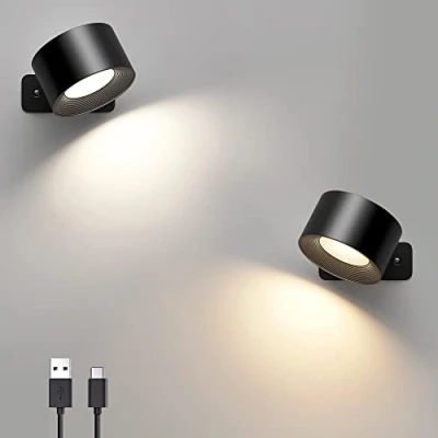 Image of Mexllex 2Pack LED Wall Light, Rechargeable Lamps, 3 Brightness Levels Color Modes, 360 Rotatable Touch Control, Wireless Mounted, Reading Lights for Bedroom Night Black