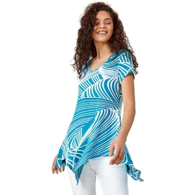 Image of Roman Originals Women Asymmetric Top Ladies Hanky Hem Blouse Shimmer Floral Animal Print Smart Casual Party Evening Sparkle Embellished 3/4 Sleeve Round Neck Christmas Teal Size 12