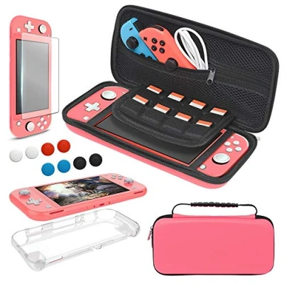 Image of YUANHOT Accessories Bundle Compatible with Nintendo Switch Lite Carry Case &amp; TPU Protective Cover Thumb Grip Covers Screen Protector Coral