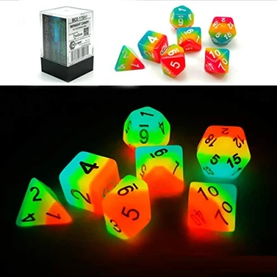 Image of Bescon Fantasy Rainbow Glowing Polyhedral Dice 7pcs Set MIDNIGHT CANDY, Luminous RPG Glow in Dark, Novelty DND Game d4 d6 d8 d10 d12 d20 d% Brick Box