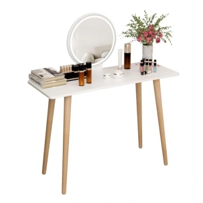 Image of Qiebenav Makeup Vanity Desk with Mirror, Large Table Set Storage Shelves, 4 Drawers, Light, Bedroom Dressing (White 02)