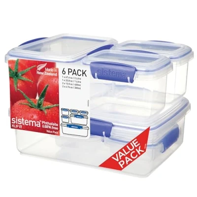 Image of Sistema KLIP IT Food Storage Containers 2 L, 1 400 ml, 200 ml Airtight &amp; Stackable Meal Prep with Lids School Lunch Boxes Snack BPA Free 6 Count