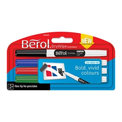 Image of Berol Dry Wipe Whiteboard Marker Pens Fine Tip Black Low Odour Ink 4 Erase Markers
