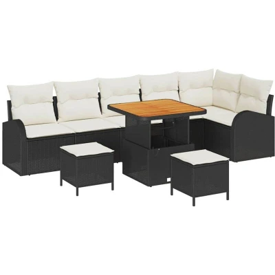 Image of vidaXL 9 Piece Garden Sofa Set with Cushions Black Poly Rattan Acacia