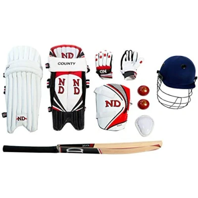 Image of ND Sports County Cricket Kit 10Pc Bat Ball Pad Leg Guard Glove Set Boys,Multi coloured