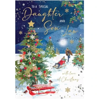 Image of Daughter and Son in Law Christmas Card Special Couple Sledging the Snow Artistic Festive Design Finishes Illustrated Insert Leaf Made UK