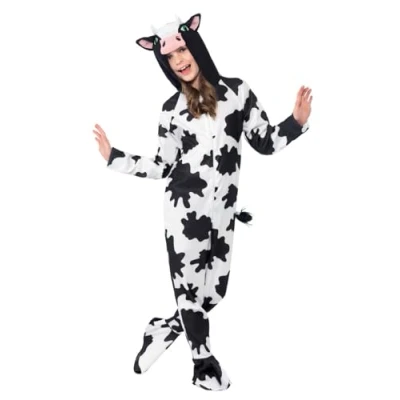 Image of Smiffys Cow Costume, Black &amp; White with Hooded Jumpsuit, Children&#039;s Animal Fancy Dress, Dress Up Costumes