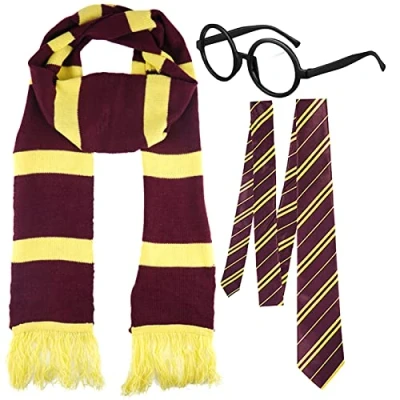 Image of labreeze School Boy Wizard Glasses Maroon Yellow Tie Scarf World Book Day Fancy Dress