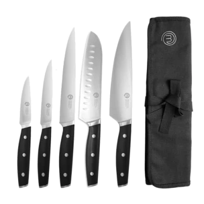 Image of MasterChef Chef Knife Set with Bag, Professional Knives x 5 Roll Premium Kitchen High Carbon Stainless Steel Blades &amp; Triple Riveted Handles for Precision Cooking