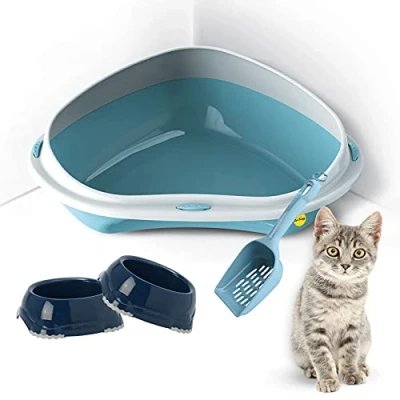 Image of Cat Centre Blue Jumbo Corner Litter Tray Bundle + 2 Smarty Bowls 0.3L Scoop Hygeine Toilet, High Rim