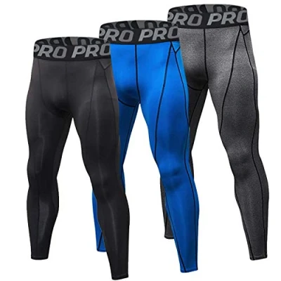 Image of Minghe Mens Compression Cool Dry Running Base Layer Cycling Workout Athletic Sports Leggings, 3 Pack, Black+grey+blue, L