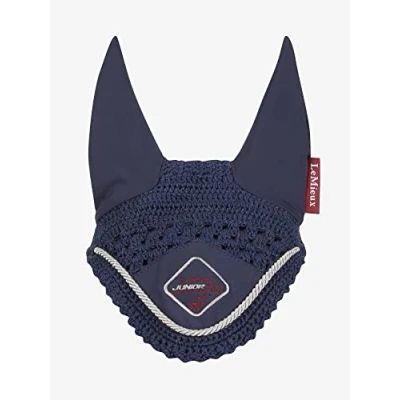 Image of LeMieux Junior Pro Fly Hood in Navy with Soft Lycra Ear 3 Way Close Knit Crochet Sport Horse Wear for Competitive Rider Small