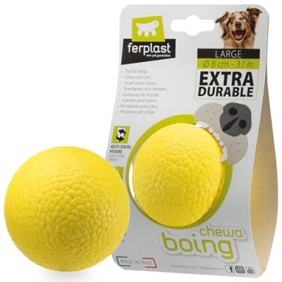 Image of Ferplast CHEWA BOING BALL Dog Toy Super Bouncing &amp; Floating Innovative Chewing Resistant Material 3D Texture for Dental Hygiene Ultra Durable Italian Design Size L, Yellow