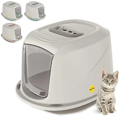 Image of Cat CENTRE Medium Grey Hooded Litter Tray Extra Deep Kittens Small Cats Toilet Enclosed Box Pan Loo Filter Flap Door Detachable Rim Rounded Corners Safe Durable Galaxy Carry Handle
