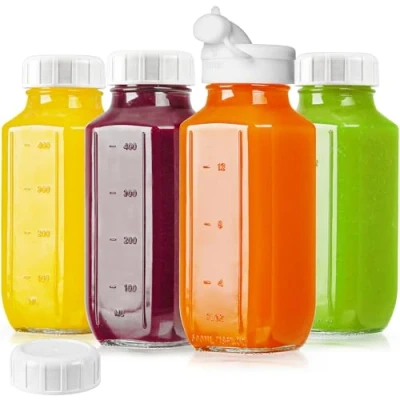 Image of Absovetu 4 Pack Reusable Glass Juice Bottles with Seal Lid, 16 oz Shot Silicone Pour Spout and Capacity Mark, Clear Drinking for Milk, Crema, Coffee, Water, Beverage