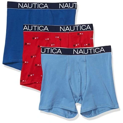 Image of Nautica Men&#039;s 3 Pack Classic Underwear Cotton Stretch Boxer Brief, Monaco Blue/Riviera Blue/Sails Red, XL