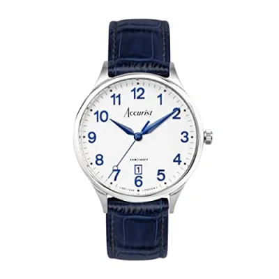 Image of Accurist Mens Classic 37mm Quartz Watch in White with Analogue Display, and Blue Leather Strap 73000