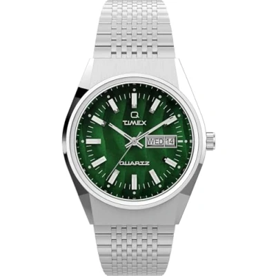 Image of Timex Men&#039;s Q 38 mm Watch Stainless Steel Bracelet Green Dial Case TW2U95400