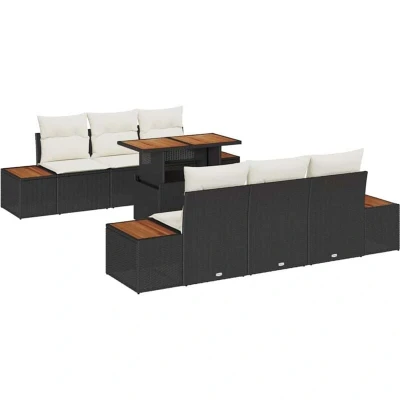Image of vidaXL 7 Piece Garden Dining Set with Cushions Black Poly Rattan Acacia
