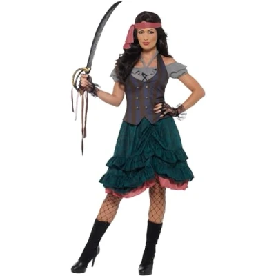 Image of Smiffys Deluxe Pirate Wench Costume, Multi Coloured with Top, Attached Waistcoat, Skirt &amp; Bandana, Fancy Dress, Dress Up Costumes
