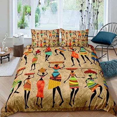 Image of African Woman Print Bedding Set Pattern Duvet Cover For Kids Teens Women Retro Ethnic Afro Decor Comforter Traditional Exotic Boho Bedspread Bedroom 3Pcs Double Size