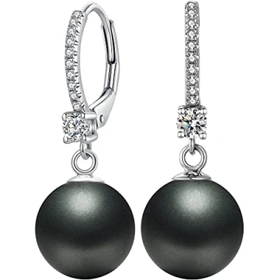 Image of Black Pearl Earrings Faux Women Drop Sterling Silver Studs Unique Dangle Leverback for