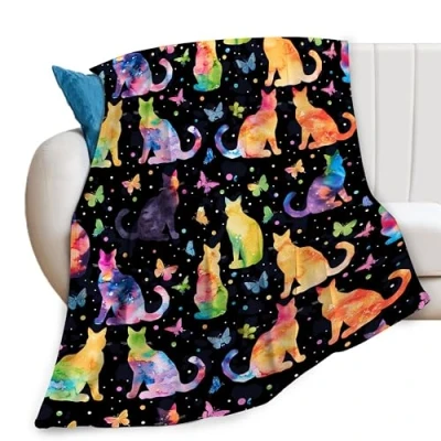 Image of Colorful Cat Butterfly Throw Blanket Cute Animal Print Blankets Gifts for Couch Sofa Bed Stuff Decor Soft Cozy Lightweight Fleece Plush Flannel Bedding Lover Men Women Girls Adults 40&quot;x50&quot;